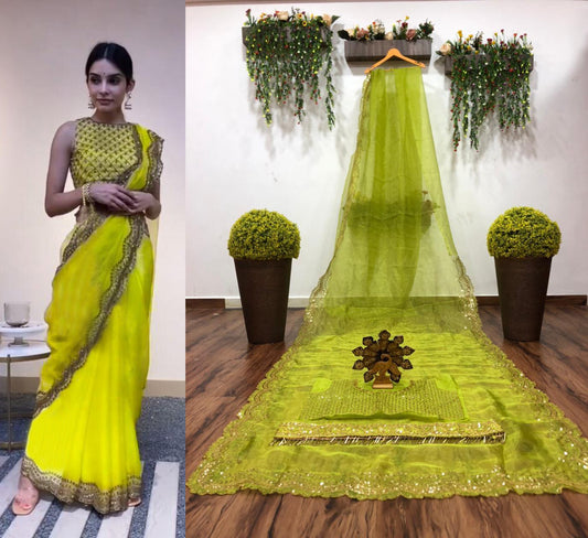 Green color Oraganza Silk Belt Style Saree With Blouse