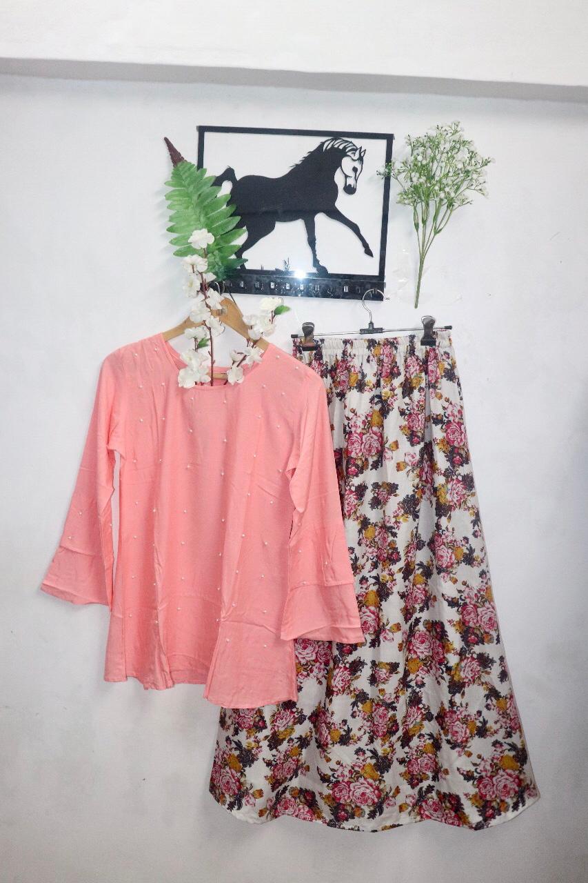Brick Color Full Stitched Rayon Moti Work Designer Skirt Top For Function Wear