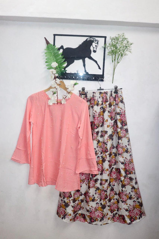 Brick Color Full Stitched Rayon Moti Work Designer Skirt Top For Function Wear