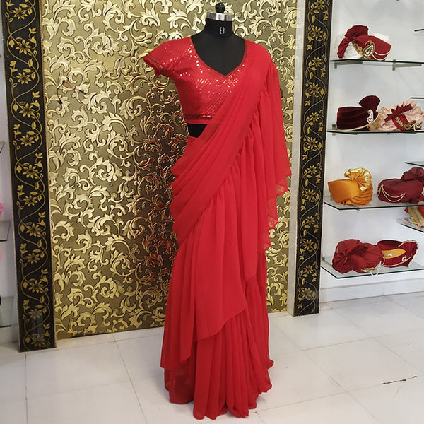 Red Color Georgette Ruffle Designer Saree and Blouse