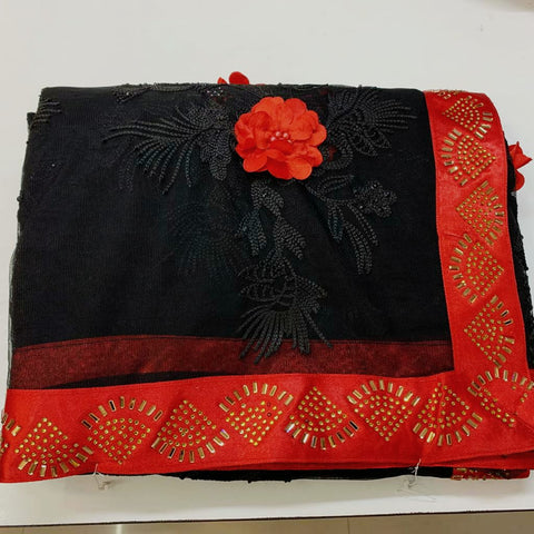 Black Color Festive Wear Soft Net Fancy Rubin Work Flower With Hot Fix Diamond Border Saree Blouse For Women