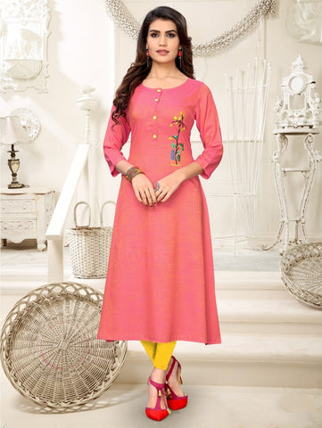 Adorable Light Pink Color Designer Two Tone Rayon Embroidered Work Full Stitched Kurti For Function Wear