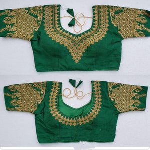 Dark Green Color Malbari Silk Embroidered Pearl Moti Work Ready Made Blouse For Women