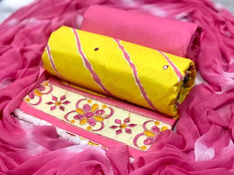 Yellow Color Cotton Silk Embroidered Diamond Work Pom Pom Lace Salwar Suit