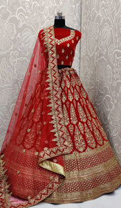 Red Color Pure Velvet Fused Diamond Embroidered Zari Thread Work Designer Lehenga Choli