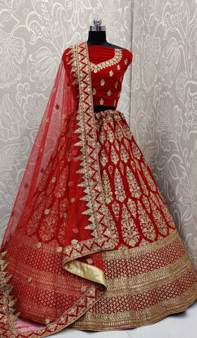 Red Color Pure Velvet Fused Diamond Embroidered Zari Thread Work Designer Lehenga Choli