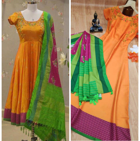 Orange Color Women's Stitched Designer Gown and Dupatta