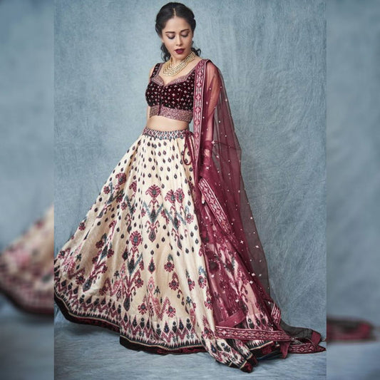 Wine Color Italin Satin Digital Printed Readymade Velvet Lace Lehenga Choli