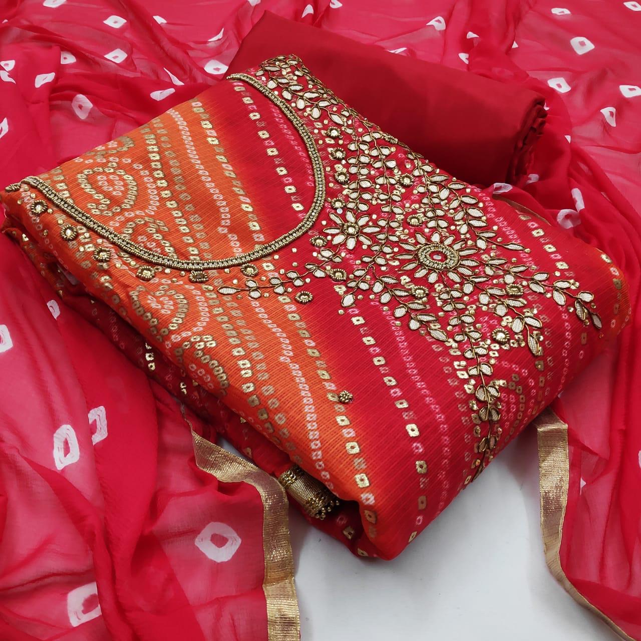 Carmine Color Designer Bandhej Banarasi Silk Foil Hand Work Salwar Suit For Wedding Wear
