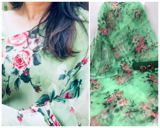 Jade Color Organza Digital Printed Designer Saree Blouse For Function Wear