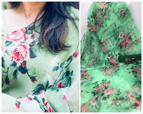 Jade Color Organza Digital Printed Designer Saree Blouse For Function Wear