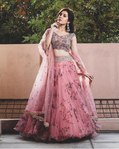 Baby Pink Color Organza Silk Printed And Embroidered Work Lehenga Choli For Wedding Wear