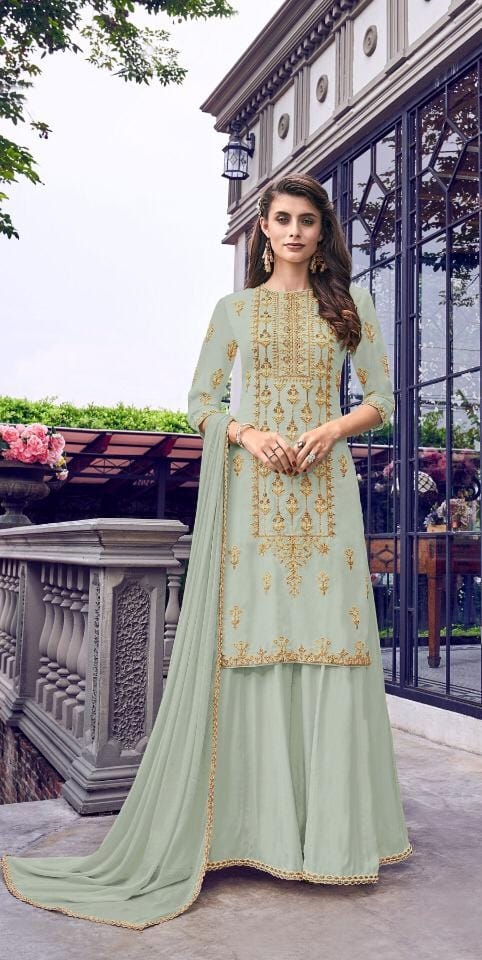 Sage Color Heavy Faux Georgette Chappat Badla Thread Embroidered Cording Stich Work Plazo Salwar Suit For Party Wear