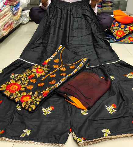 Black Rayon With Embroidered Work Kurti And Sharara Plazo Full Stitched Embroidered Work And For Function Wear VT3052106D
