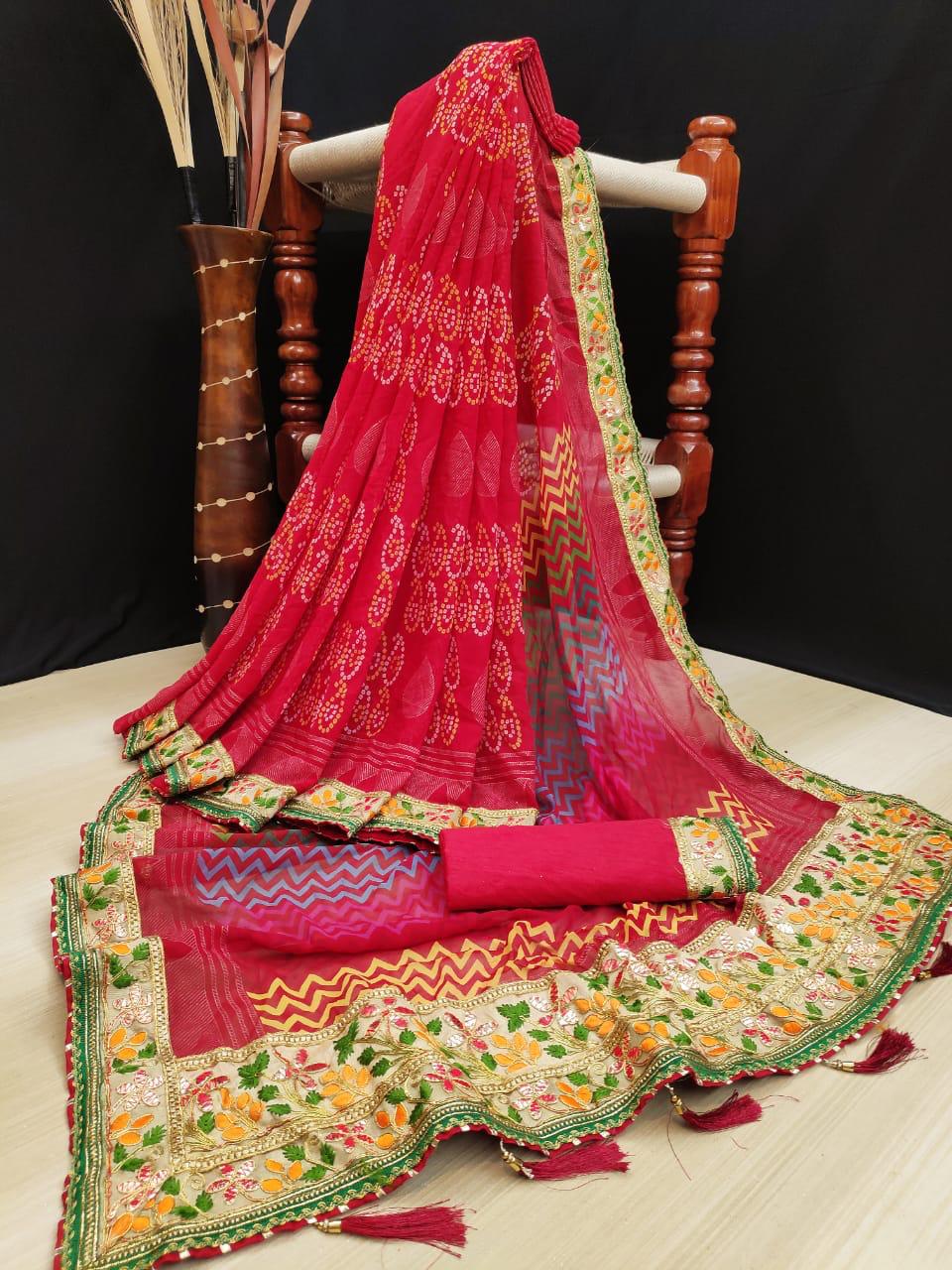 Ruby Color Designer Georgette Bandhej Printed Thread Gotta Patti Work Border Saree Blouse