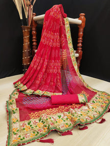 Ruby Color Designer Georgette Bandhej Printed Thread Gotta Patti Work Border Saree Blouse
