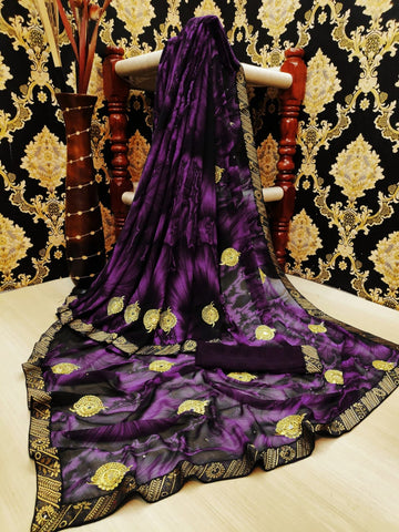 Violet Color Party Wear Designer Georgette Embroidered Butti Diamond Machine Work All Over Lace Border Saree Blouse