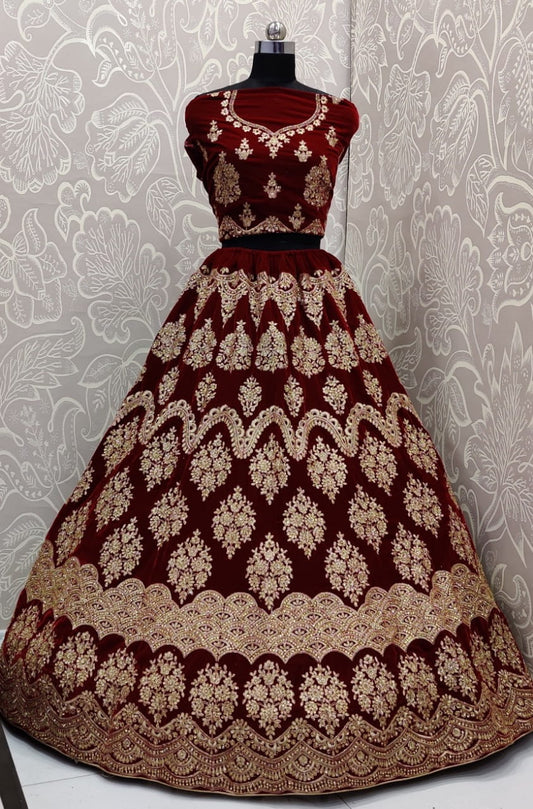 Maroon Color Designer Velvet Zari Sequence Diamond Embroidered Work Lehenga Choli For Bridal Wear