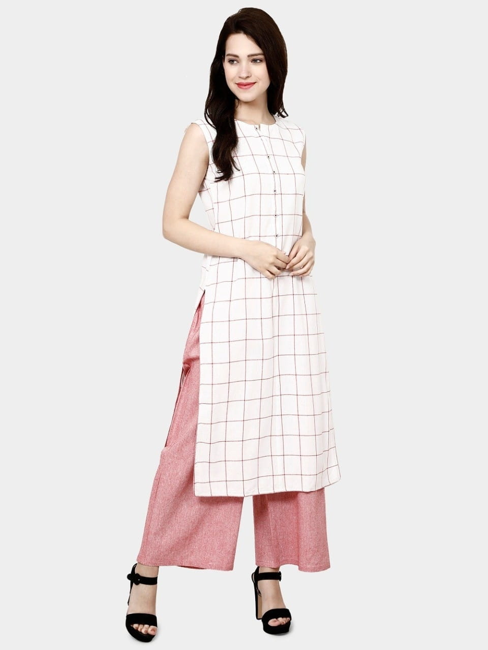 Designer Off White Peach Color Pure Cotton Chex Print Plazo Kurti Design Online VT3095105D