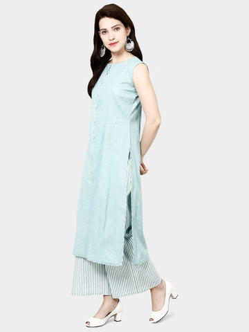 Light Firozi Colored Pure Cotton Plazo Kurti For Ladies VT3095105E