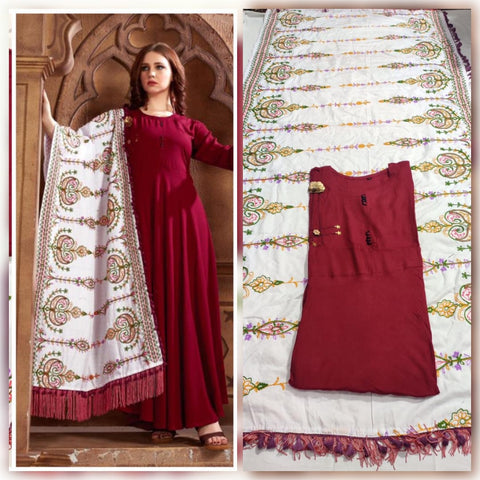 Prominent Maroon Color Party Wear Rayon Ready Made Kurti Fancy All Over Embroidered Work Dupatta