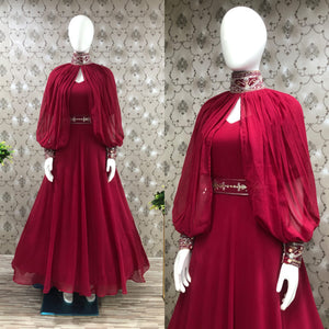 Rani color Embroidered Latest Gown Poncho Dupatta Set
