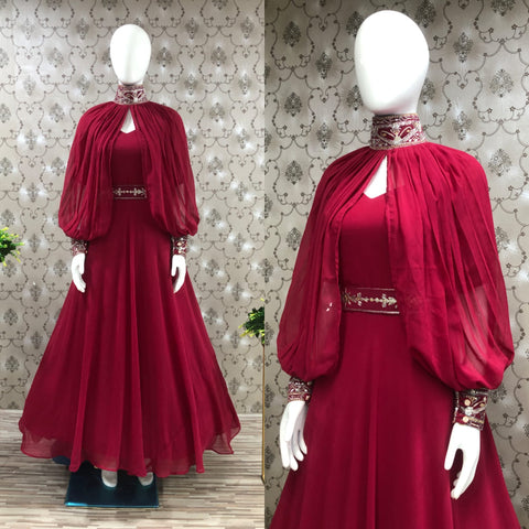 Rani color Embroidered Latest Gown Poncho Dupatta Set