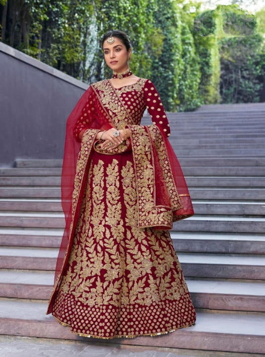 Carmine Color Designer Embroidered Multi Thread Work Velvet Lehenga Choli