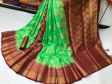 Mint Green Color Designer Nylon Silk With Rich Pallu Saree Blouse For Women