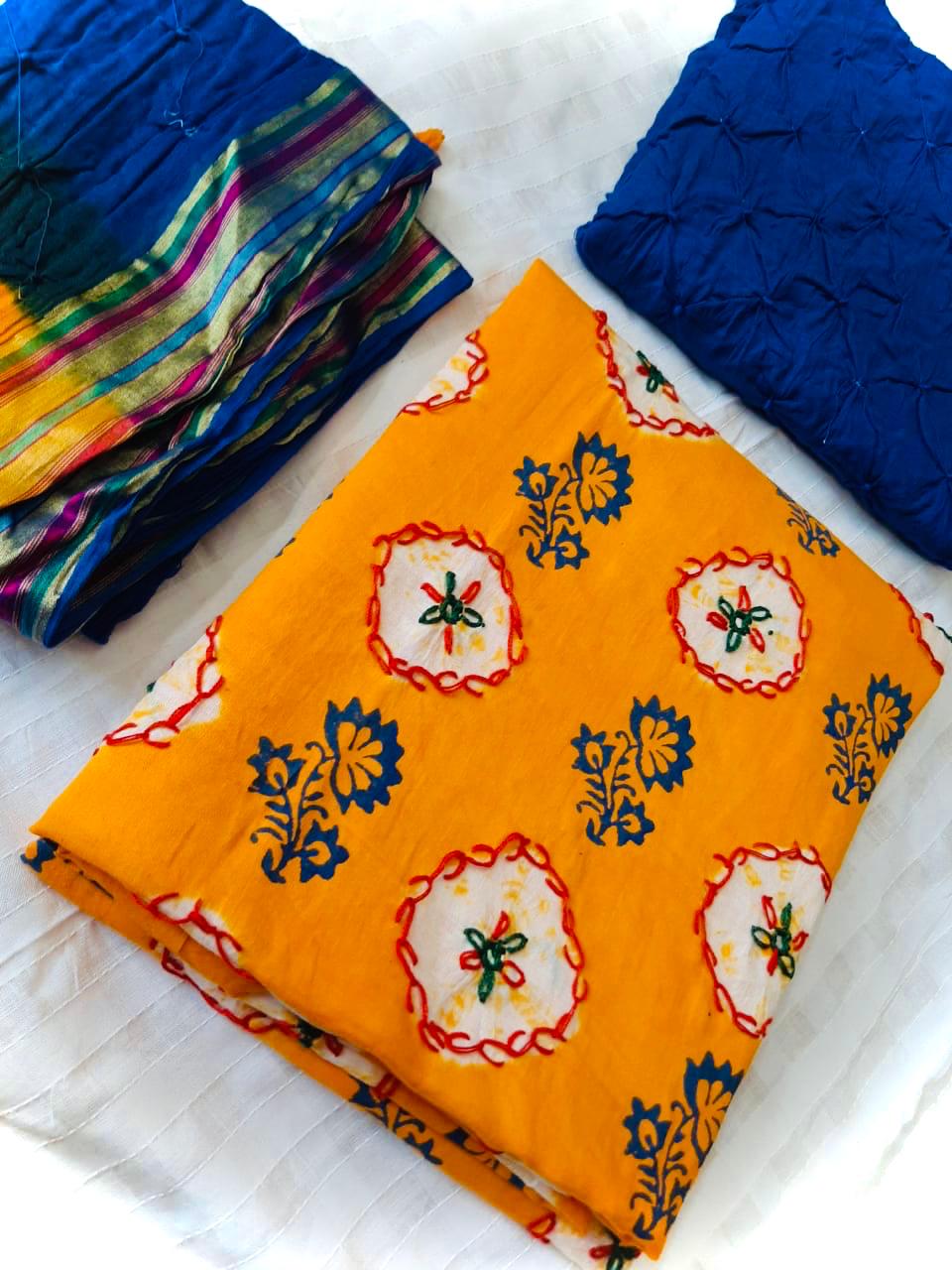 Amber Color Designer Thread Hand Work Glace Cotton Bandhej Salwar Suit For Festive Wear