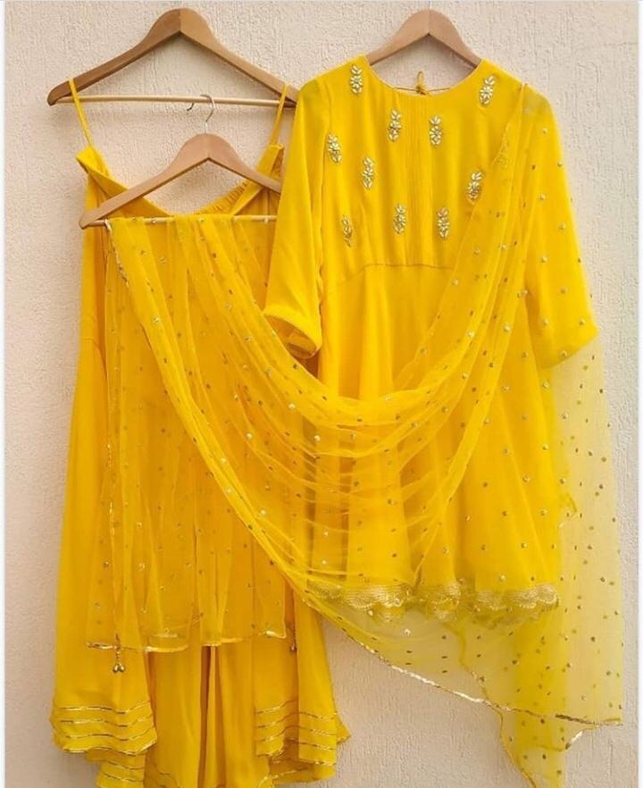 Entrance Yellow Color Georgette Embroidered Work Designer Top With Stitched Plazo Salwar Suit For Women