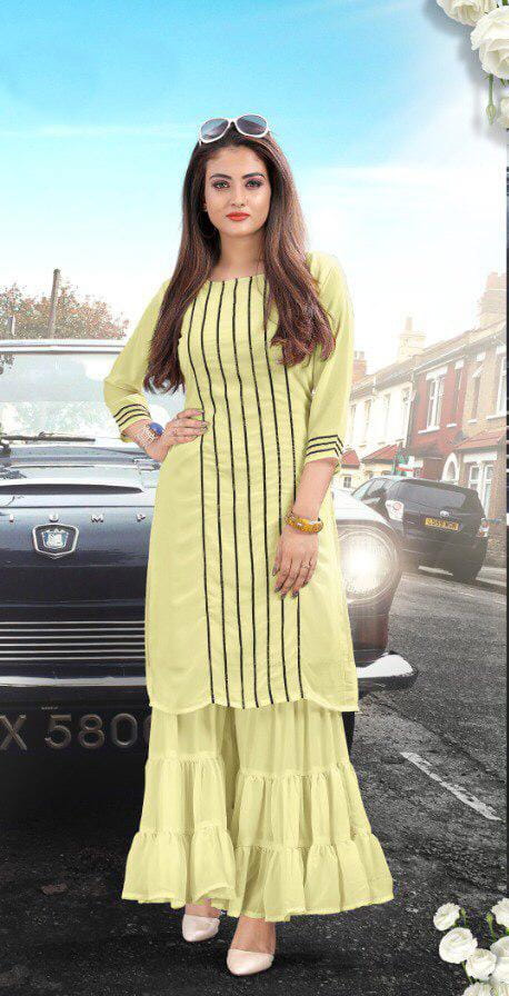 Awesome Yellow Colored Pure Georgette Sharara Kurti For Women VT1031101C