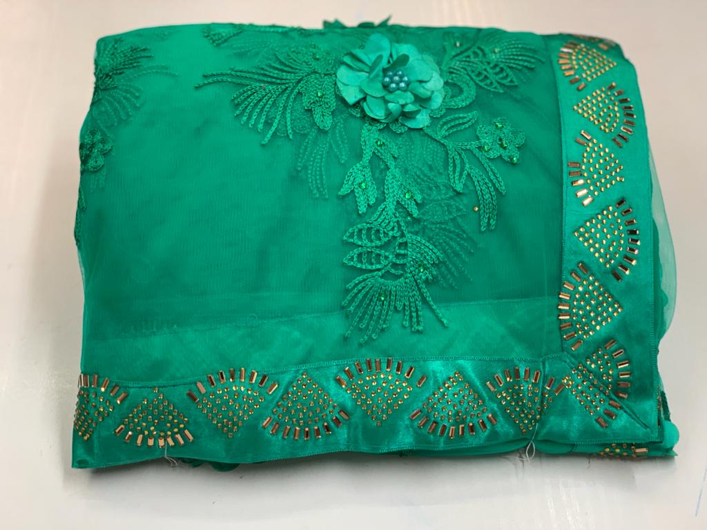 Jade Color Designer Soft Net Fancy Rubin Work Flower With Hot Fix Diamond Border Saree Blouse For Women