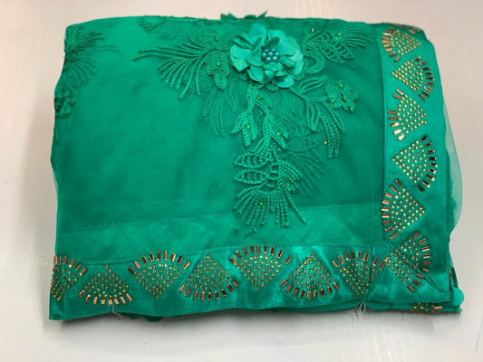 Jade Color Designer Soft Net Fancy Rubin Work Flower With Hot Fix Diamond Border Saree Blouse For Women