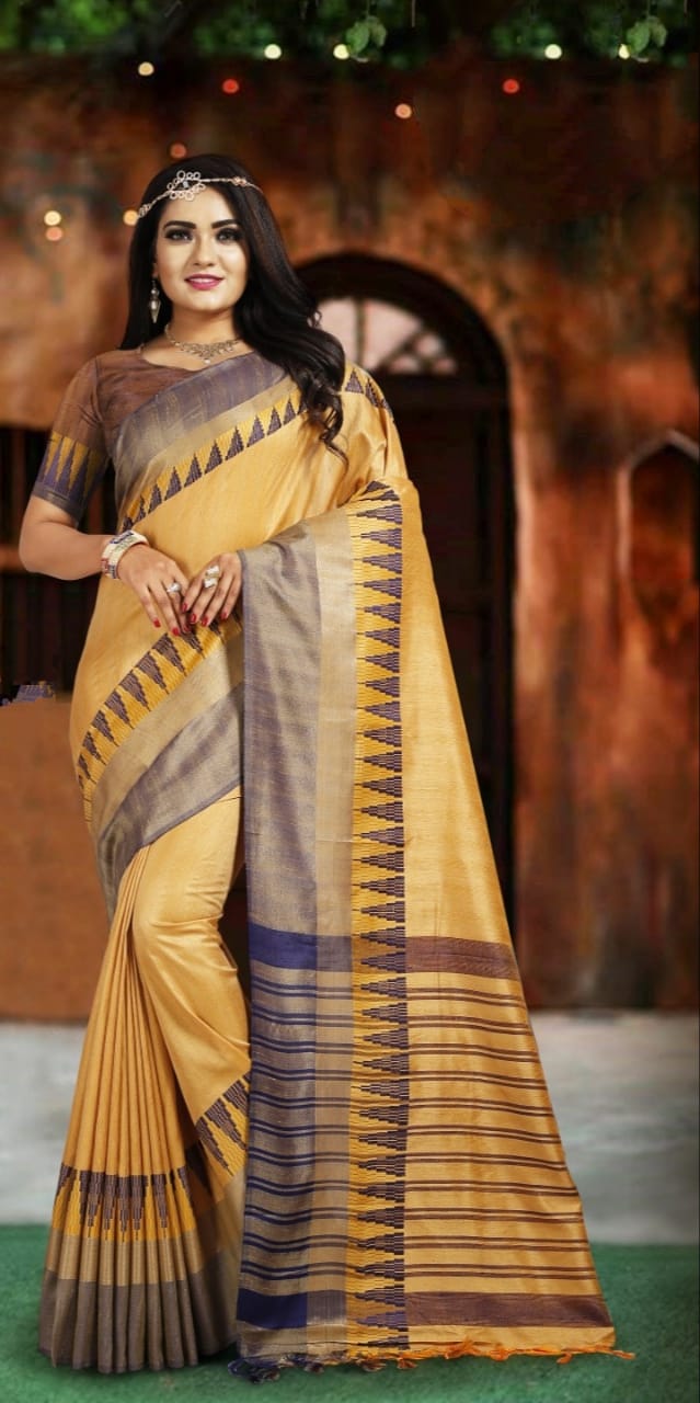 Sepia Color Designer Cotton Silk Printed Border Saree Blouse For Wedding Wear