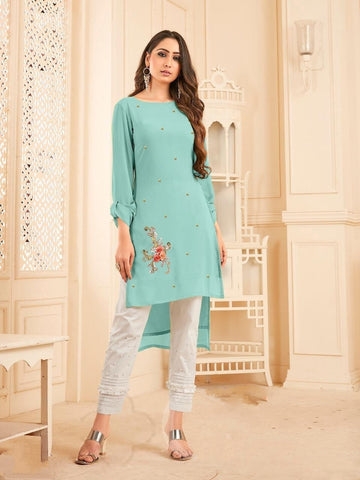 Designer Aqua Blue Color Georgette With Diamond Work Full Stitched Kurti Pant CHETANA103C