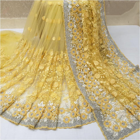 Dazzling Yellow Color Function Wear Soft Net Embroidered Motti Ceramic Jarkhand Designer Work Saree Blouse