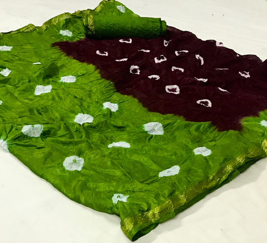 Green Color Bandhani Silk Weaving Border Saree Blouse For Party Wear