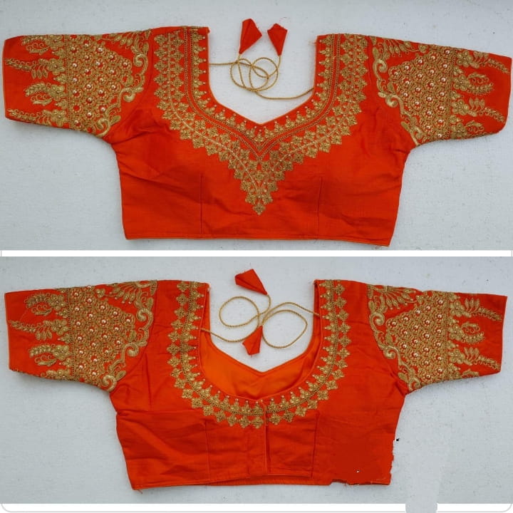 Opulent Orange Color Malbari Silk Designer Moti Pearl Embroidered Work Full Stitched Blouse For Wedding Wear
