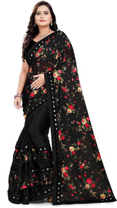 Party Wear Black Color Digital Printed Lycra Blend Silk Designer Saree Blouse For Women