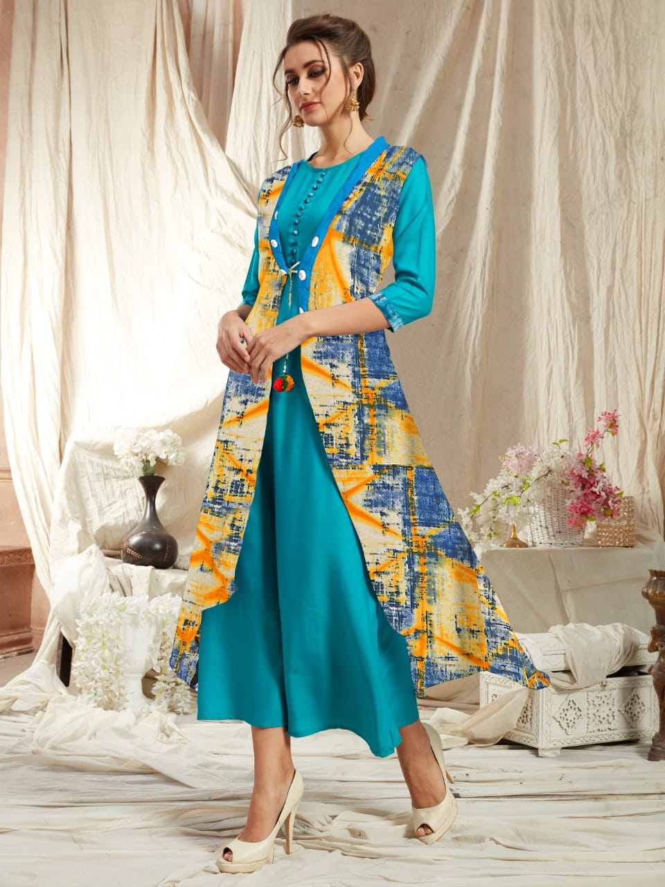 Firozi Color Rayon Kurti With Diamond Georgette Printed Jacket VT2123111E