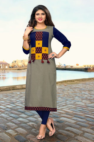 Gleaming Grey Color Full Stitched Slub Cotton Designer Printed Kurti For Party Wear