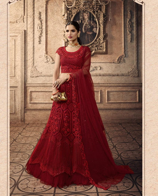 Carmine Color Net Thread Sequence Embroidered Work Lehenga Choli For Wedding Wear