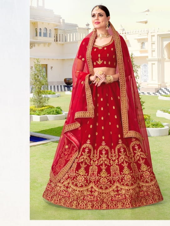 Red Color Designer Velvet Thread Coding Stone Work Bridal Wear Lehenga Choli