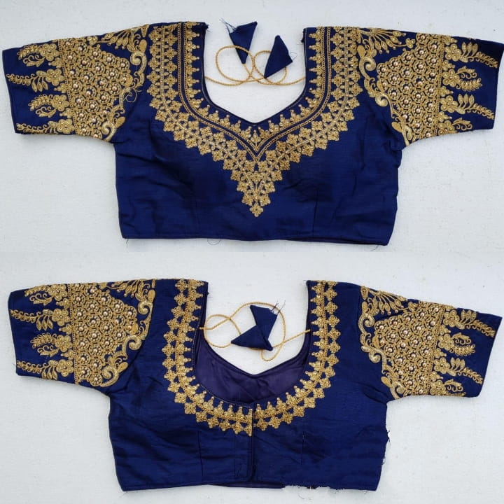 Navy Blue Color Designer Embroidered Pearl Moti Work Malbari Silk Blouse For Festive Wear