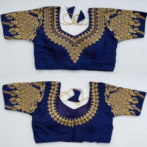 Navy Blue Color Designer Embroidered Pearl Moti Work Malbari Silk Blouse For Festive Wear