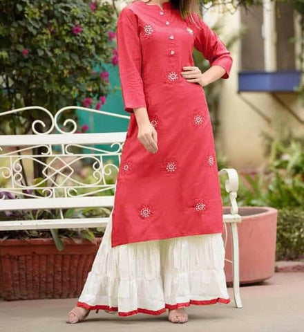 Luxurious Red Rayon With Embroidered Work Readymade Plazo Kurti VT3052123B