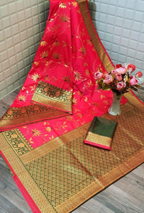 Fuchsia Color Pure Cotton Silk All Over Mina Zari Weaving Work Pallu Saree Blouse For Party Wear