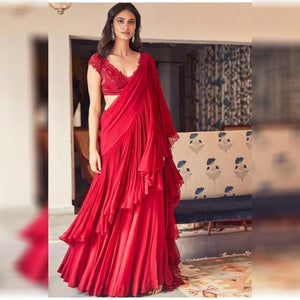 Red Color Georgette Ruffle Designer Saree and Blouse