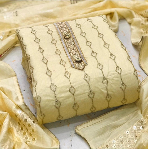 Majesty Yellow Color Designer Embroidered Work Semi Modal Chanderi Salwar Suit For Wedding Wear